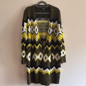 Scoop Women's Geometric Olive and Yellow Cardigan Long Size Large Sweater